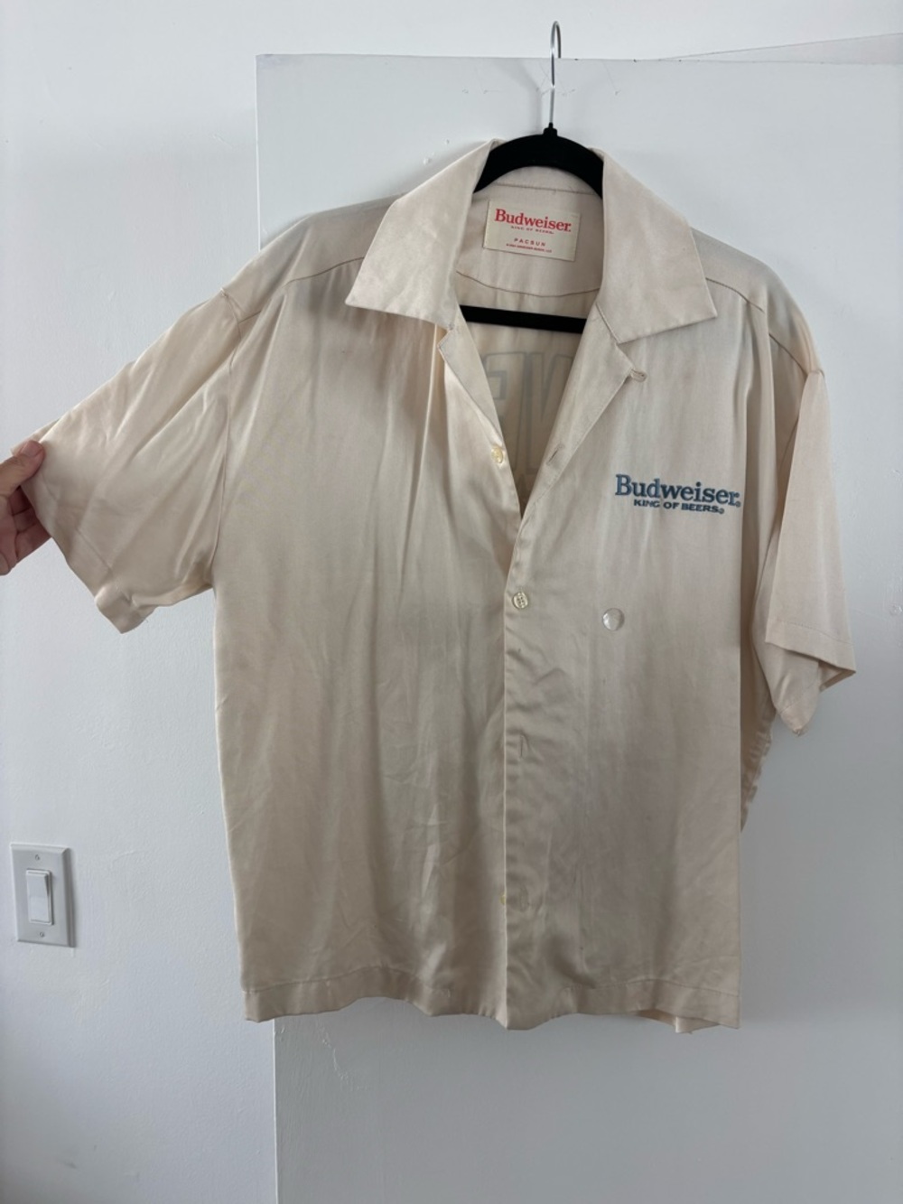 Budweiser Cream Short-Sleeve Button-Down Shirt with Chest Logo
